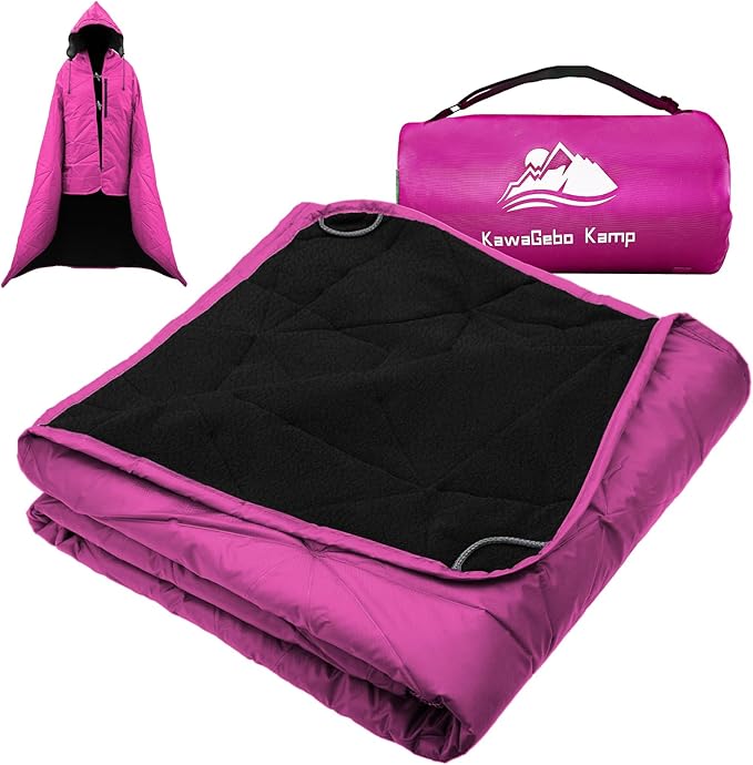 Outdoor Waterproof Blanket, Foldable Fleece Stadium Blanket for Outdoor Sports Event, Camping, Car, Pet, Picnics - Windproof, Wearable, Machine Washable 80" x 58" (Rose Purple,Hooded)