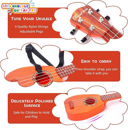 YOLOPLUS+ 17 Inch Kids Ukulele Guitar Toy 4 Strings Mini Children Musical Instruments Educational Learning Toy for Toddler Beginner Keep Tone Anti-Impact Can Play with Picks/Strap/Primary Tutorial