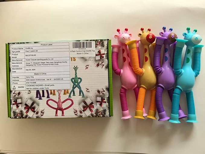 4Pcs Giraffe Pop Tube Sensory Toys, Telescopic Suction Fidget Toys for Autism, Toddler Travel & Airplane Activities, 2025 Boy & Girl Christmas Stocking Stuffers Gift Idea