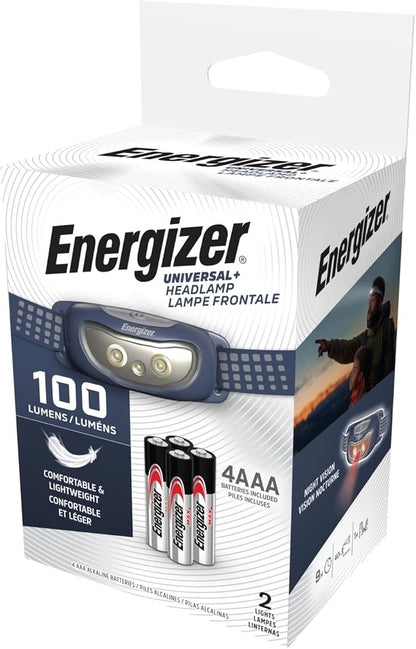 Energizer Universal Plus LED Headlamp, Lightweight Bright Headlamp for Outdoors, Camping and Emergency Light for Adults and Kids, Includes Batteries, Pack of 2
