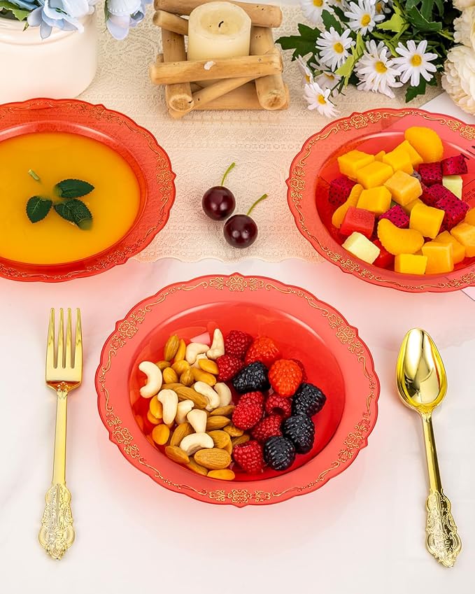 100 Pack Clear Red Plastic Bowls with Gold Rim, 12oz Plastic Salad Bowl, Disposable Bowls for Party, Dinners, Weddings, Christmas, Thanksgiving