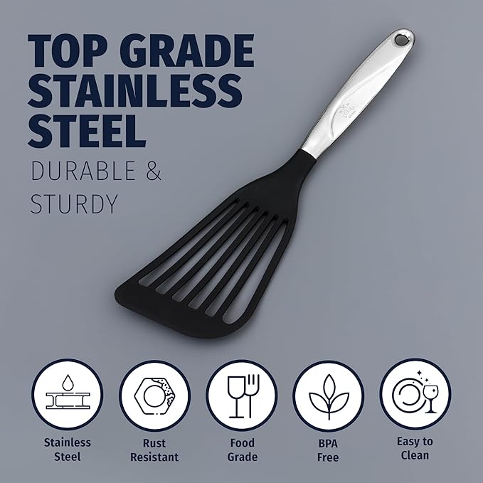 Zulay Kitchen Stainless Steel Fish Spatula - 12.8” Flexible Slotted Turner for Cooking & Frying - Ergonomic Handle, Non-Stick Safe & Dishwasher Safe Kitchen Utensil for Everyday Use