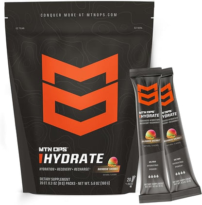 MTN OPS Hydrate Electrolytes Powder Drink Mix, 20 Single Serving On-The-Go Electrolyte Packs with Over 1000mg of Electrolytes per Serving, Rainbow Sherbet