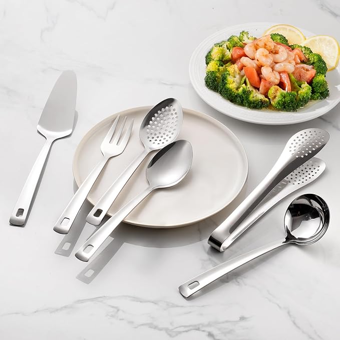 6 PCS Stainless Steel Serving Utensils, 10 Inch Serving Spoons for Buffet Large Hosting Metal Spoons, Silverware Set Tongs for Serving Food Parties Catering
