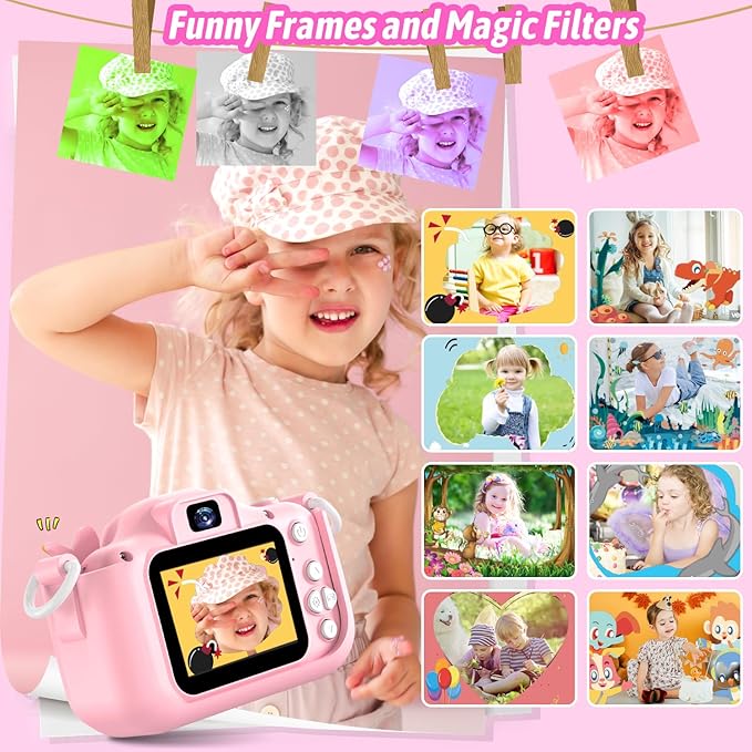 Dwfit Upgrade Selfie Kids Camera, Christmas Birthday Gifts for Boys Girls Age 3-12, HD Kids Digital Video Cameras for Toddler with Cartoon Soft Silicone Cover, Portable Toy for 3 4 5 6 7 8 Years Old