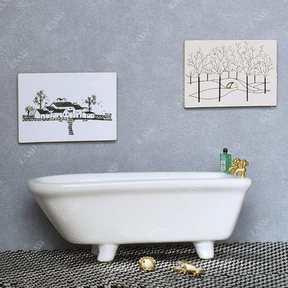 iLAND Dollhouse Furniture and Accessories 1/12 Scale of Dollhouse Bathroom Set incl Ceramic Dollhouse Toilet & Bathtub & Wooden Bathroom Cabinet with Sink (Modern 7pcs)
