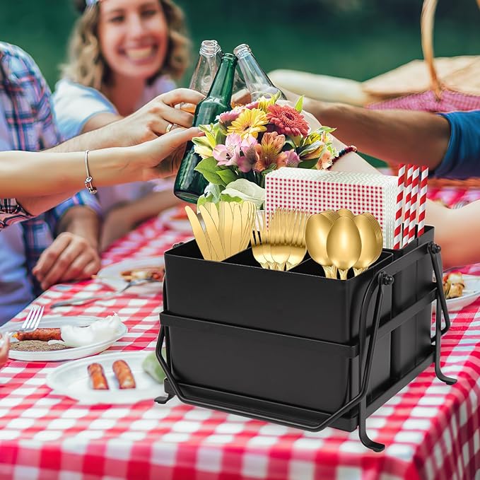 Silverware Caddy Utensil Organizer With Handle, Outdoor Picnic and Camping Utensil Holder, Flatware Holder for Party Gatherings, Metal - Black