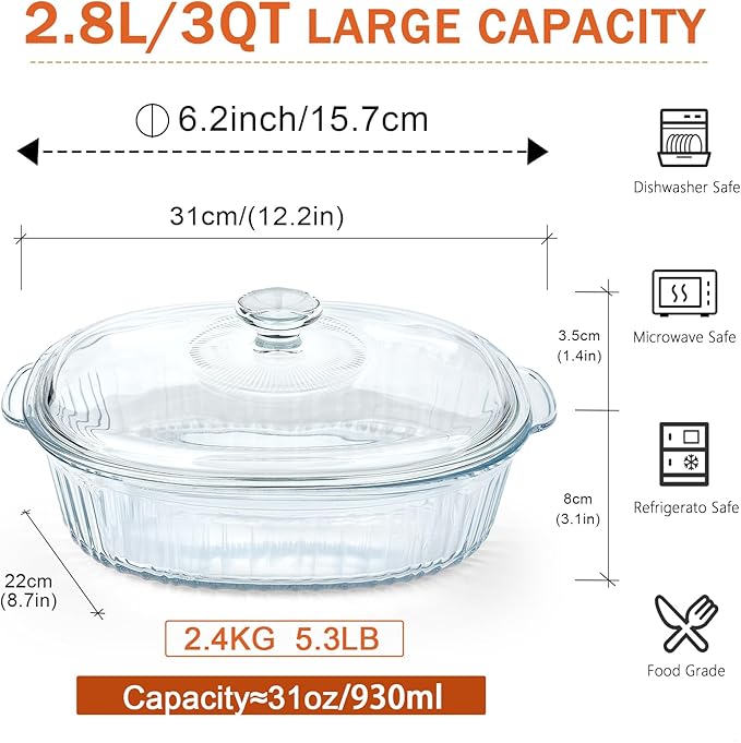 Reasim 2.8L/3Qt Glass Casserole Baking Dish