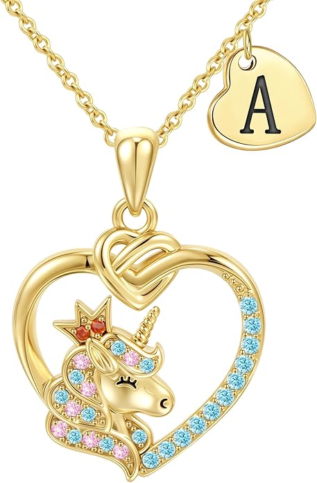 Unicorn Initial Necklaces for Girls Kids Women - 18K Really Gold Filled Unicorn Initial Letter Necklace Teen Girls Gifts Trendy Stuff Heart Letter Necklace for Women Girl Kids Gifts
