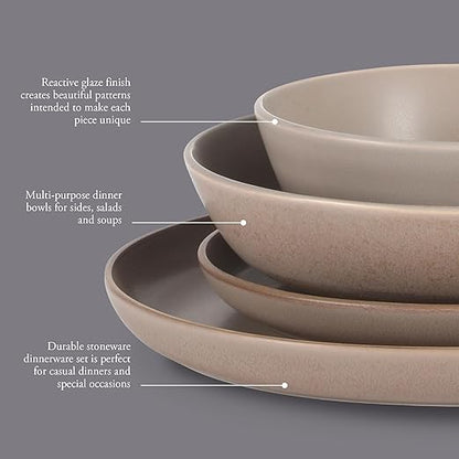 Gibson Elite Laguna Bliss 16 Piece Stoneware Reactive Glaze (Service for 4) Ceramic Plates and Bowls Dinnerware Set - Matte Beige-Gray W/Terracotta Bottom