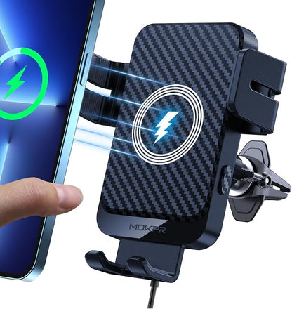 Wireless Car Charger, MOKPR 15W Fast Charging Auto-Clamping Car Charger Phone Mount Air Vent Cell Phone Holder for iPhone 16/15/14/13/13 Pro/12 pro/12/11, for Samsung Galaxy S23/S22/S21/S20, etc