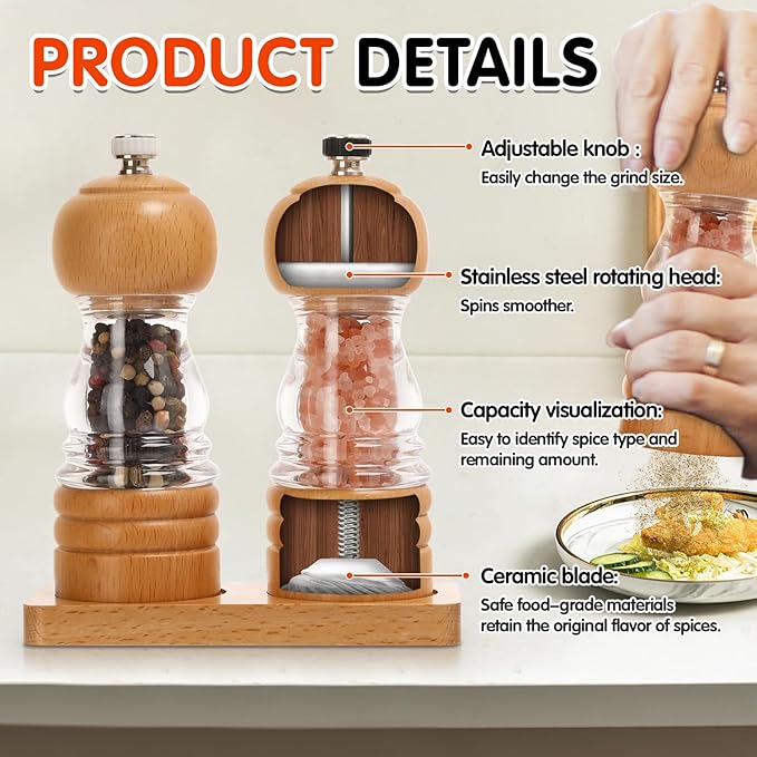 Salt and Pepper Grinder Set, Refillable and Adjustable Grinder