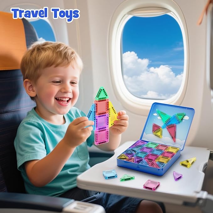 60-Piece Mini Magnetic Tiles Set with Iron Box - Ideal Travel Puzzle Toys for Toddlers Aged 3-5, Montessori STEM Building Blocks, Educational Birthday Gift