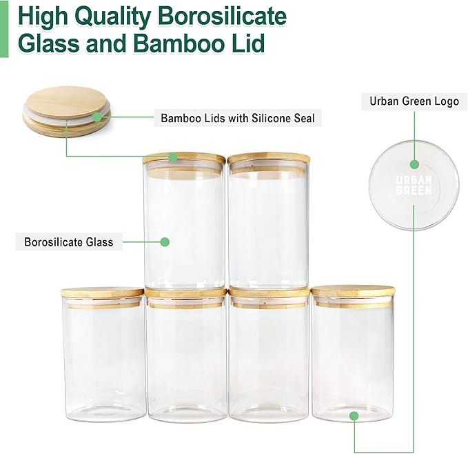 Urban Green Glass Storage Container Bamboo Lids, Glass Airtight Canisters sets, Food Jars, Pantry Organization and Storage Containers, Spice Jars, Flour Canisters of 6