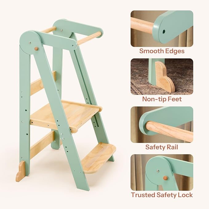 Nordi Foldable Toddler Kitchen Tower, Montessori Kitchen Stools Helper, Standing Tower with 3 Adjustable Heights, Suitable Age for 2-6 Years, Sage