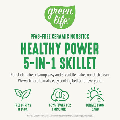 GreenLife 12" 5QT Square Electric Skillet, Glass Vented Lid, Ceramic PFAS-Free