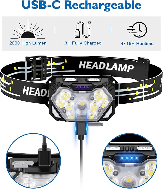 2000LM Ultra Bright 9 LED Headlamp, 2 Pack USB C Rechargeable Headlights, 10 Modes, Motion Sensor, Waterproof Head Lamp Flashlight with Red Light, Adjustable Headband for Adults Camping