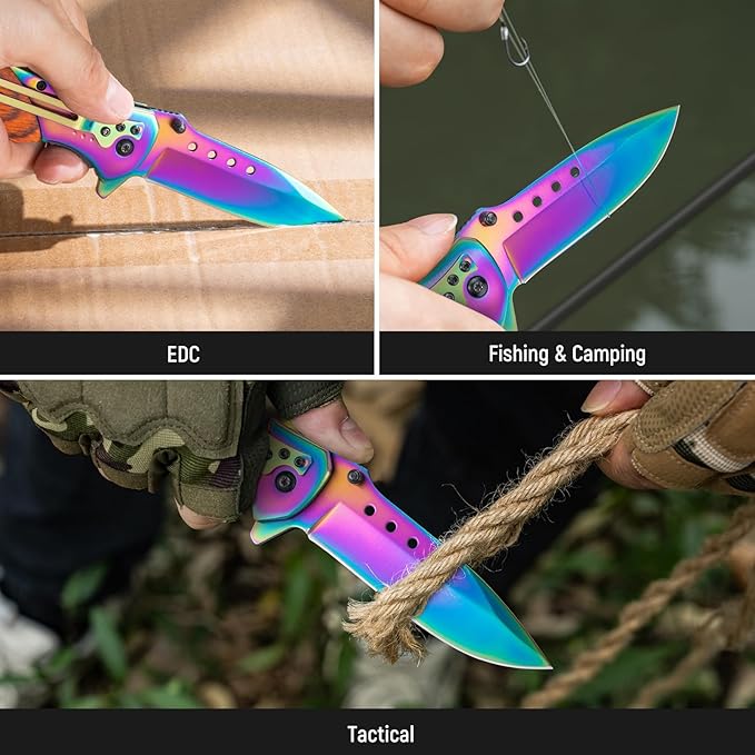 Pocket Knife for Men - 3.46" Sharp Blade Wood Handle Pocket Folding Knives with Clip, Glass Breaker - EDC Knives for Survival Camping Fishing Hiking Hunting Women, Rainbow
