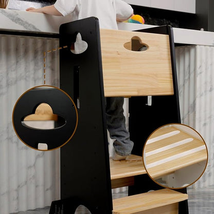 COSYLAND Toddler Standing Tower Adjustable Height - Super Stable Kids Kitchen Stool Helper - 3 Levels Adjustable Wooden Toddler Kitchen Stool (Natural & Black)