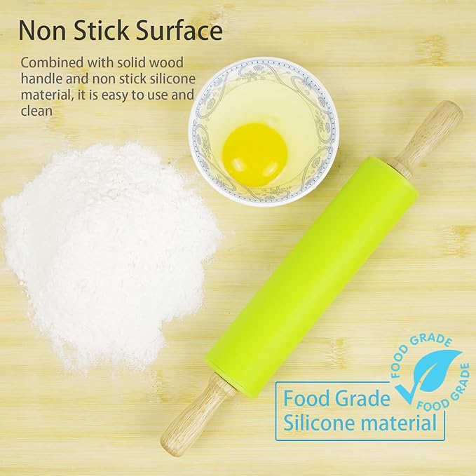 Silicone Rolling Pin for Baking Non-stick Rolling Pin Dough Roller Wooden