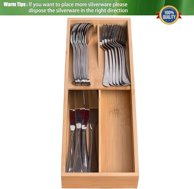 Bamboo Silverware Drawer Organizer, Kitchen Small Silverware Organizer, Utensil Tray Holder, Cutlery Tray for Spoons, Forks, Knives, Suitable for a family of 2-4