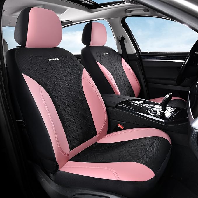 Coverado Automotive Seat Covers Full Set, Luxury Car Seat Covers, Leather Seat Covers, Mesh Design, Pink Driver Seat Protectors, Universal Fit for SUVs, Trucks, Sedans