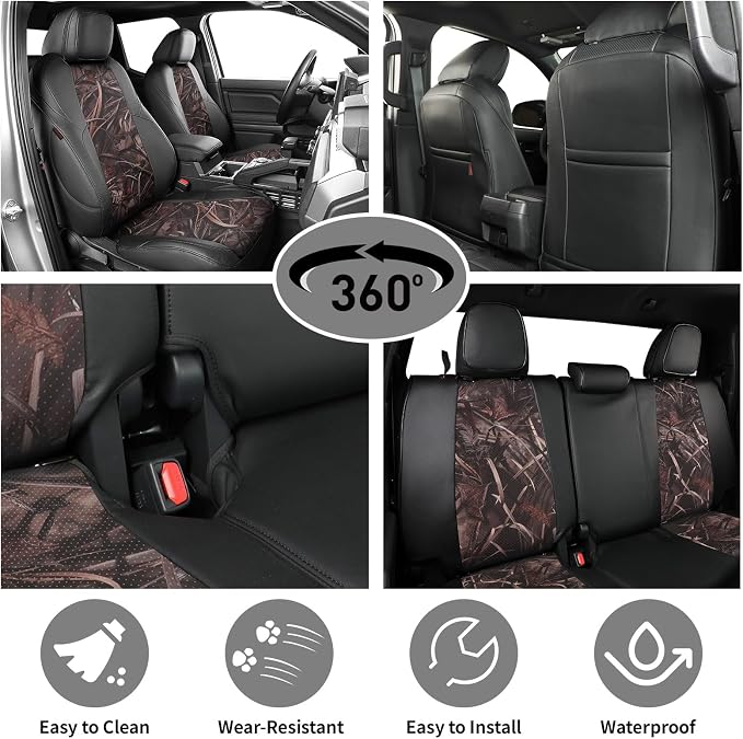 EKR Tacoma Leather Car Seat Covers Custom Fit for Toyota Tacoma 2012 2013 2014 2015 (Regular Seats) - Truck Seat Covers Full Set,Faux Leather(Black/Reed Camo)