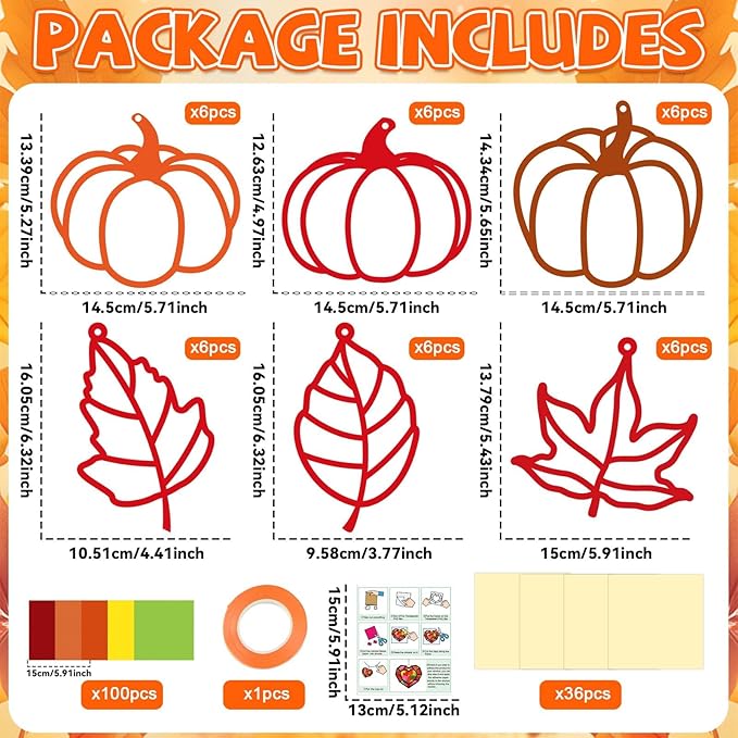 Qyeahkj 36 Set Fall Suncatchers Crafts for Kids DIY Autumn Window Tissue Paper Crafts Kit Maple Leaves Pumpkin Hanging Decor for Thanksgiving School Home Activity Art Project Birthday Party Favor Gift
