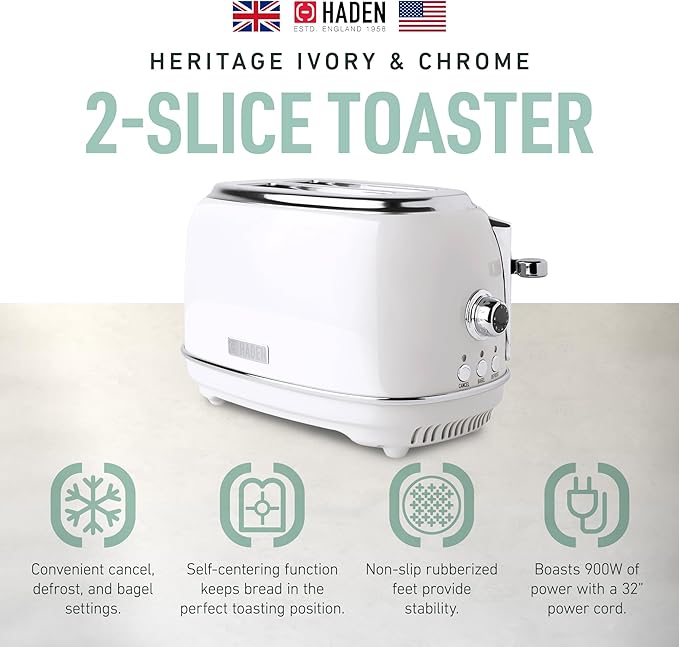 Haden Heritage 2-Slice Wide-Slot Toaster, Stainless-Steel Bread Toaster