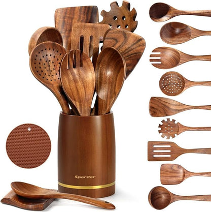 Spardar Wooden Kitchen Utensils, 12 Piece Set Wooden Spoon Set