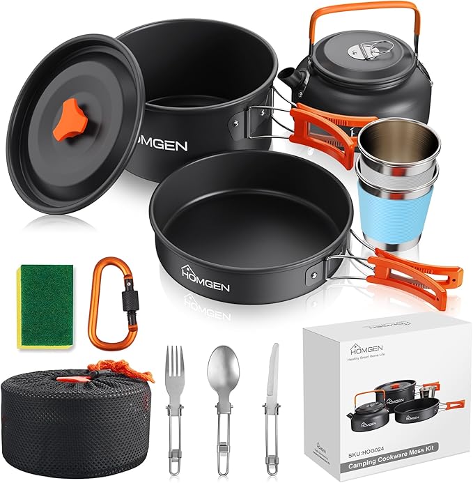 HOMGEN 12-Pieces Ultralight Anodized Aluminum Camping Cookware Set for 2 People - Nesting Pot/Pan with Foldable Handles 800ml Insulated Teapot & Stainless Cups for Camping Hiking