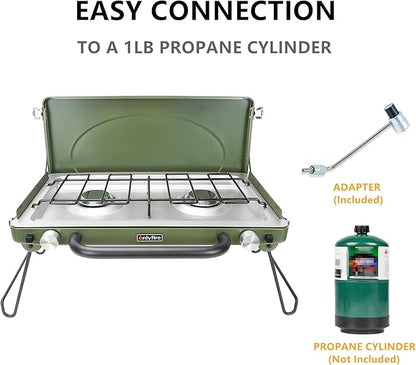 ONLYFIRE Portable Camping Stove 2-Burner, Propane Camp Stove with Foldable Legs, Camping Grill Stove with Adjustable Burners, Heavy-Duty Latch & Handle for Camping Tailgating RV BBQ, Green