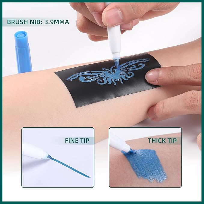 Temporary Tattoo Metallic Markers for Skin,16-Count Body Markers+77 Large Tattoo Stencils of Assorted Colors for kids and Adults,Flexible Brush Tip, Bright colors, Skin-Safe*,Cosmetic-Grade.