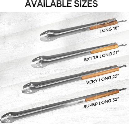 18-Inch Long Stainless Steel BBQ Tongs with Extended Luxurious Acacia Handle – Durable and Easy-to-Clean Grilling Tool for Cooking, Kitchen Use, and Outdoor Barbecues
