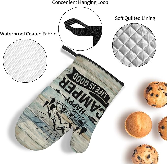 Happy Camper Oven Mitts and Pot Holders Sets of 4, Resistant Hot Pads