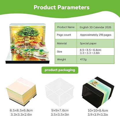 3d Calendar 2026,Hand Tear DIY Art 3d Calendar,Perfect Combination Of Artistic And Practical Design With Lights,Suitable For Note Taking,Decorative Ornaments,Holiday Gifts (huahai-Green)