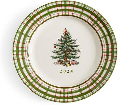 Spode Annual 2025 Collector Plate - Red & Green Plaid Border, Holiday Accent for Appetizers, Desserts & Display - 8 Inch Porcelain Plate, Microwave, Oven, Dishwasher & Freezer Safe