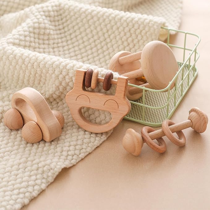 Chriswell Wooden Baby Rattle Set, Newborn Wooden Rattle Toy, Natural Wooden Montessori Baby Grip Toy, Baby Gift Toy, Wood Rattle Set-6