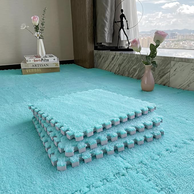 16pcs 0.6" Thickened Interlocking Tile Mats,Fluffy Shaggy Soft EVA Foam Area Rug for Living Room & Bedroom,Non-Slip Protective Floor Carpet Play Mat Kids Baby Dorm Home Decor (11.8ft, Blue)