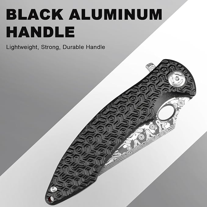 Pocket Knife for EDC Damascus Pocket Knife with Black Aluminum Handle 3.3" Damascus Blade Pocket knives & Folding Knives