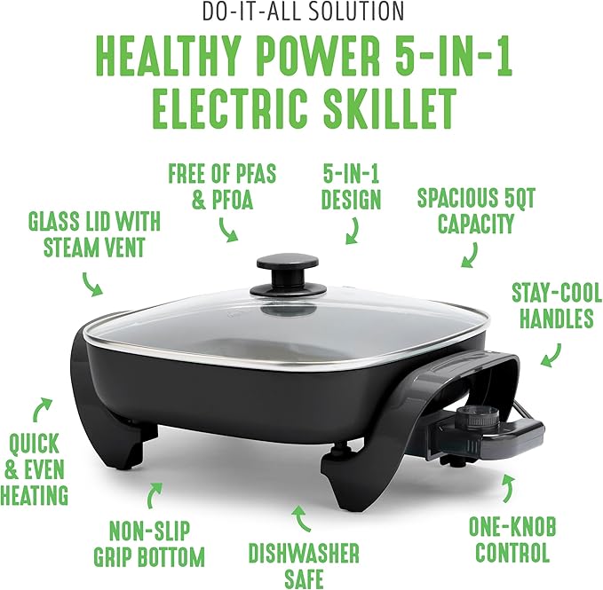 GreenLife 12" 5QT Square Electric Skillet, Glass Vented Lid, Ceramic PFAS-Free