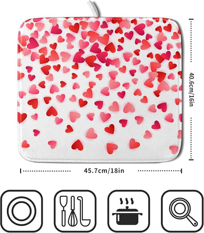 Valentines Dish Drying Mat for Kitchen Counter Hearts Holiday Microfiber