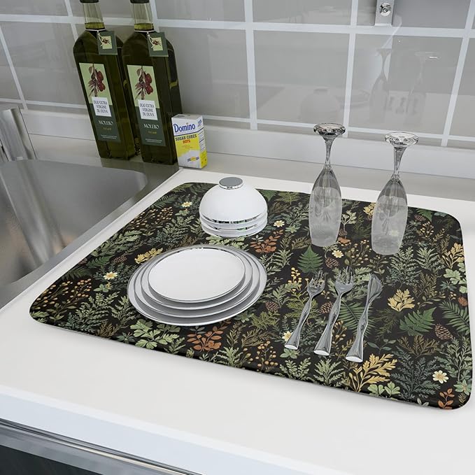 Black Green Botanical Dish Drying Mat