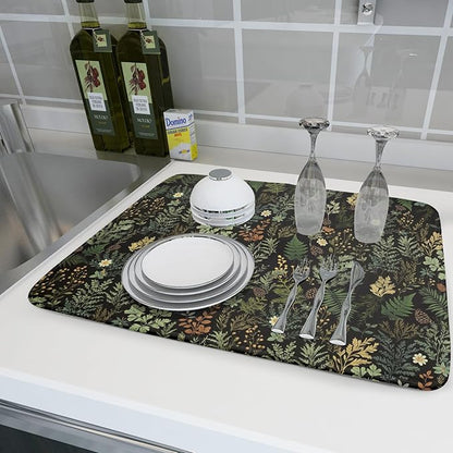 Black Green Botanical Dish Drying Mat