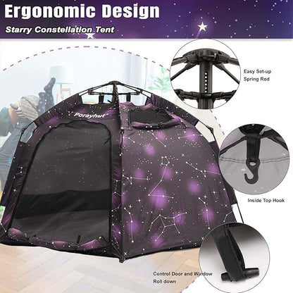 Portable Hexagon Kids Play Tent with LED Strip Lights Indoor Children Play House Easy Set-up Space Dream Tent for Night.4-5 Person Large Tents & Birthday Gifts