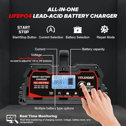 Battery Charger 25A, 12V/24V Lead Acid Smart Battery Charger, 12V LiFePO4 Car