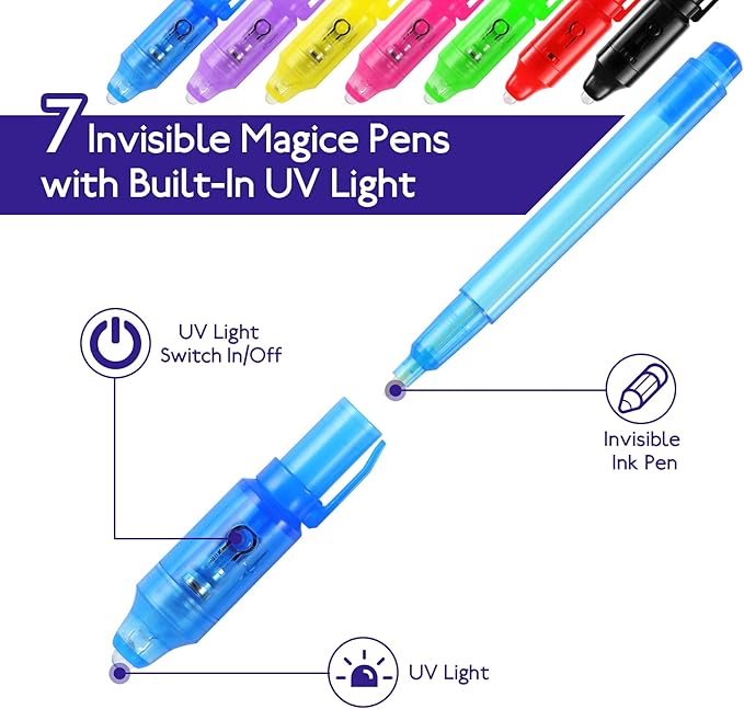 20PCS Invisible Ink Pens with UV Light Party Bag Fillers for Boys and Girls, Magic Pen Disappearing Ink for Kids, UV Light Spy Pen for Writing Secret Message