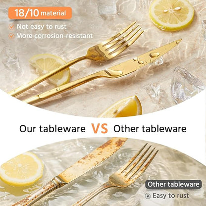KINGSTONE Silverware Set, 60-Piece Flatware Set Cutlery Set Premium 18/10 Stainless Steel, Tableware Include Forks Knives Spoons for Home Kitchen Restaurant Wedding, Dishwasher Safe,Gold