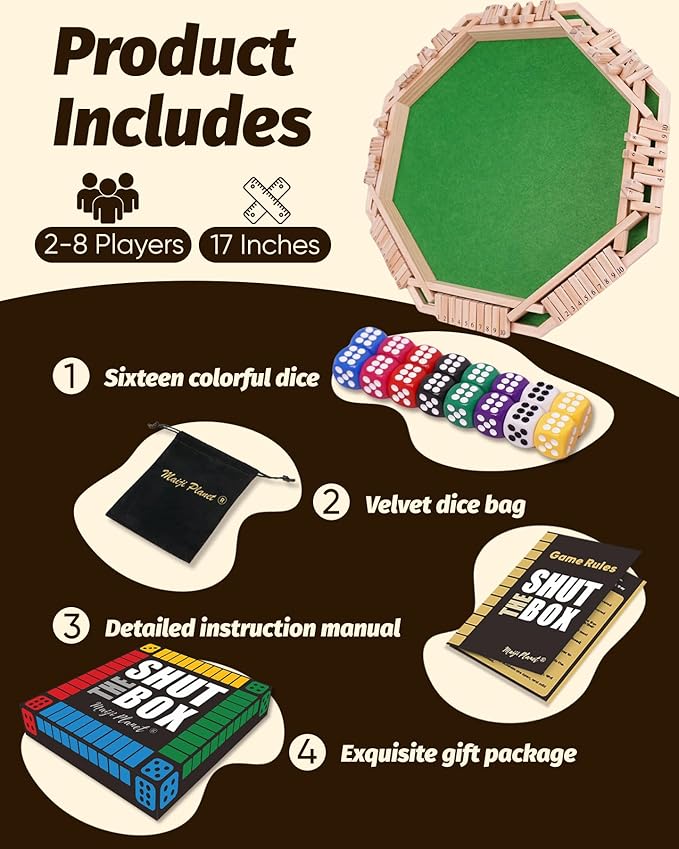 Deluxe 2-8 Player Original Shut The Box Game, Math Dice Board Game for Family Night Classroom Travel, Wooden Classic Table for Group Kid Adult Senior Travel Party Bar Easy Quick and Fun