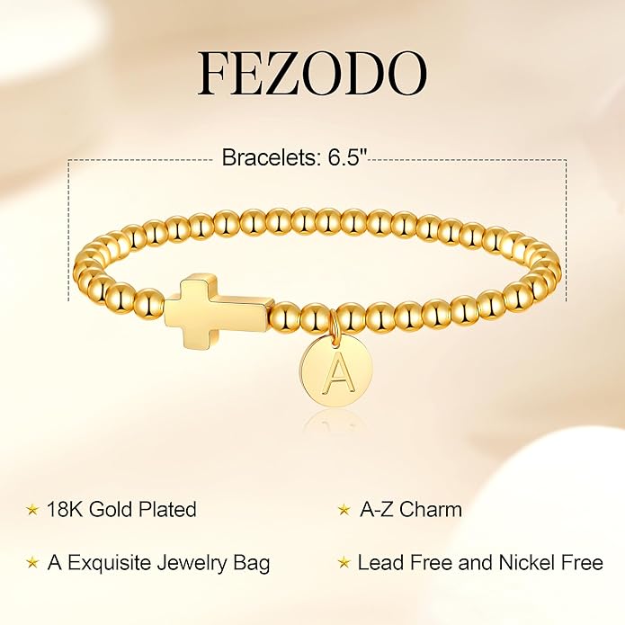 Gold Initial Bracelets for Women Girls Kids, Dainty 18K Gold Plated Cross Initial Bracelet Non Tarnish Beaded Bracelets Personalized Birthday Gifts for Women Girls Jewelry